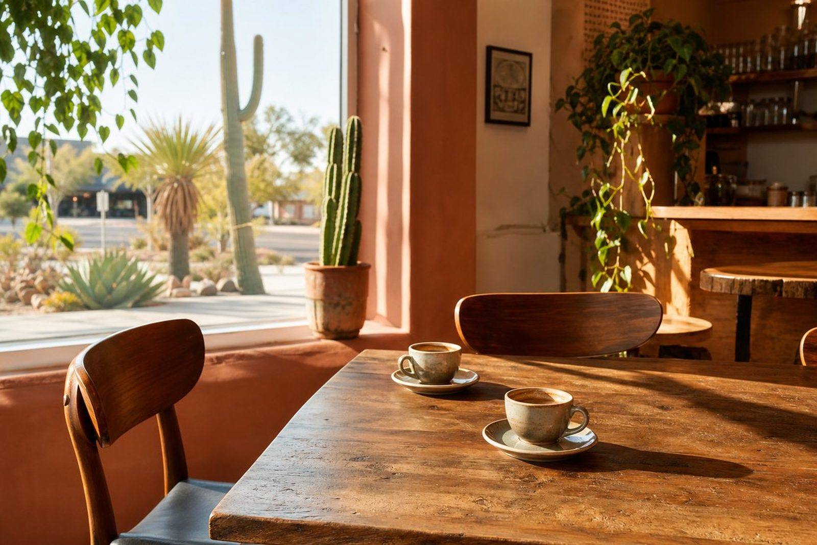 Two coffees on a table in a sunlit cafe