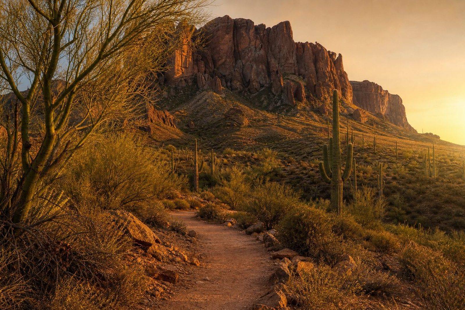 A desert trail at sunrise in Arizona