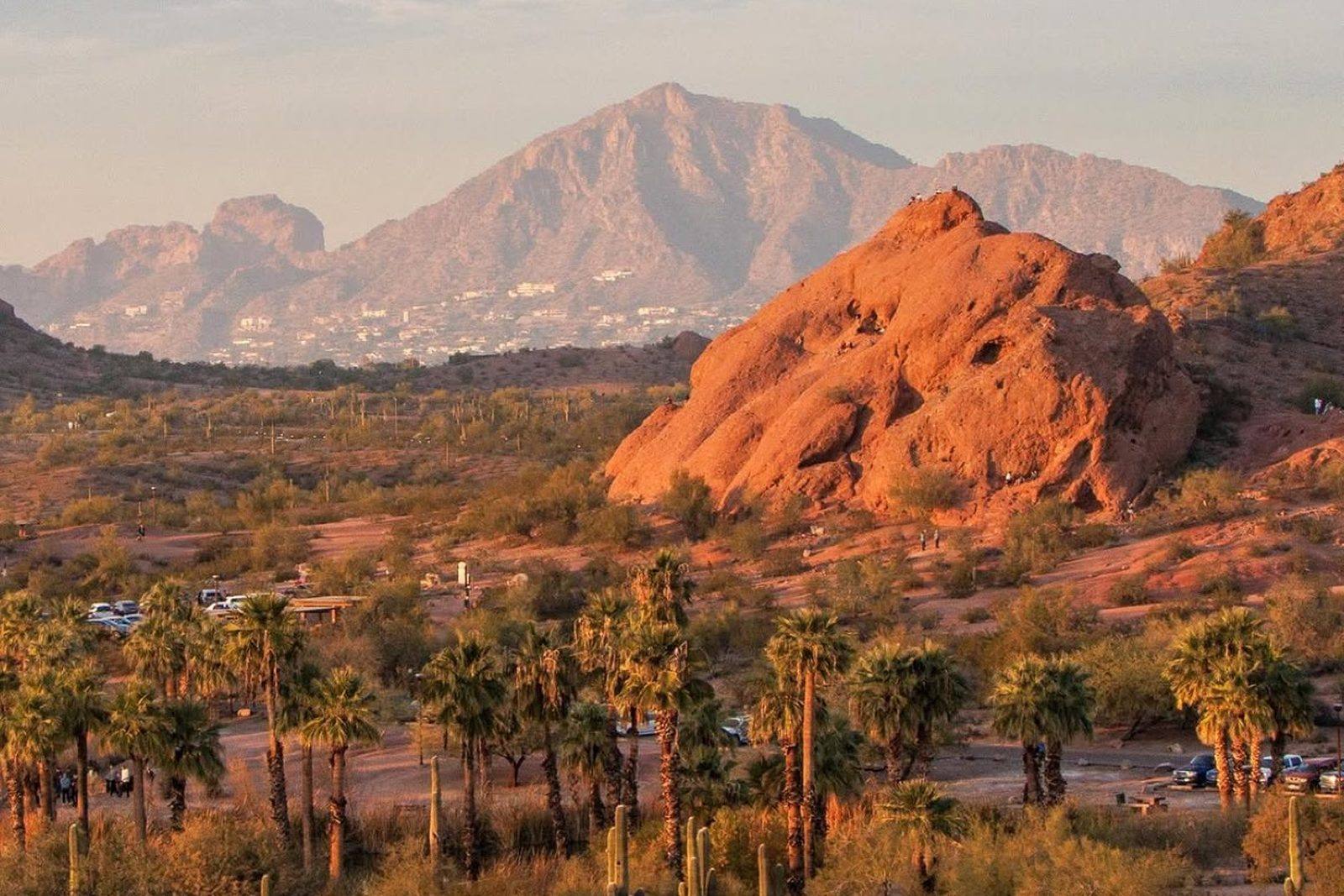 Papago Park and Camelback Mountain at golden hour