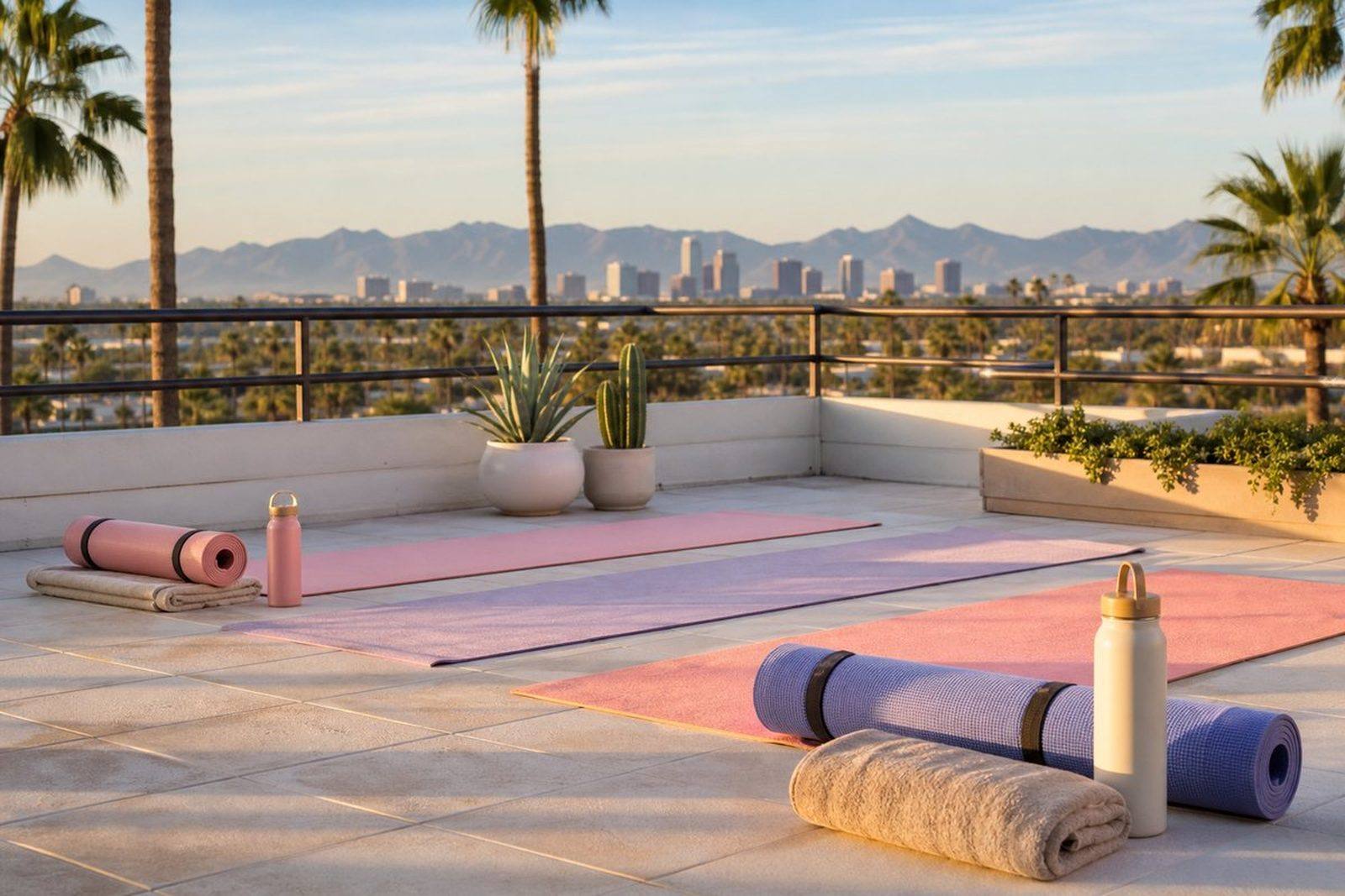 Yoga mats on a rooftop with the Phoenix skyline behind