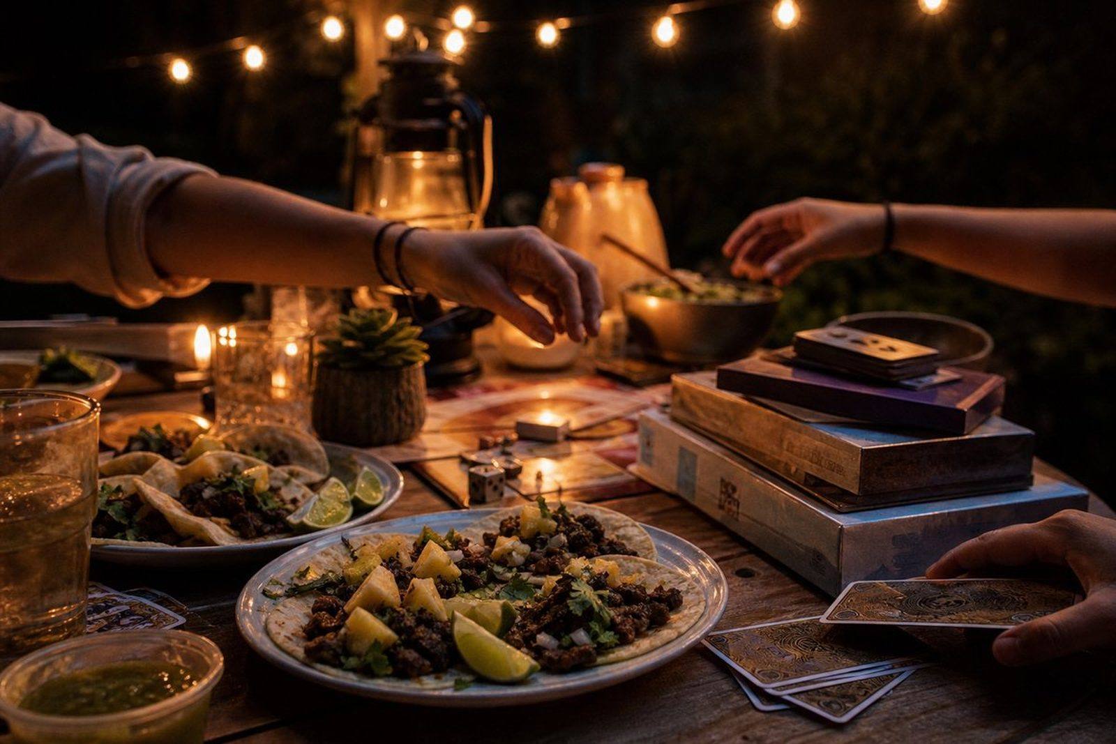 Tacos and board games under string lights
