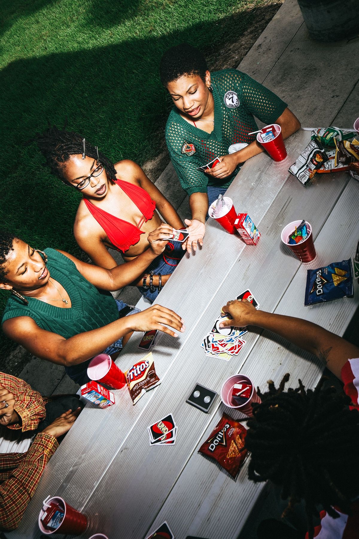 Friends hanging out on a patio
